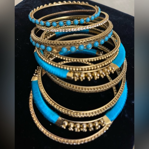 🔥LAST CHANCE🔥 Costume. 11 turquoise, rhinestone, & dark gold colored 9” bangles. - Picture 2 of 5